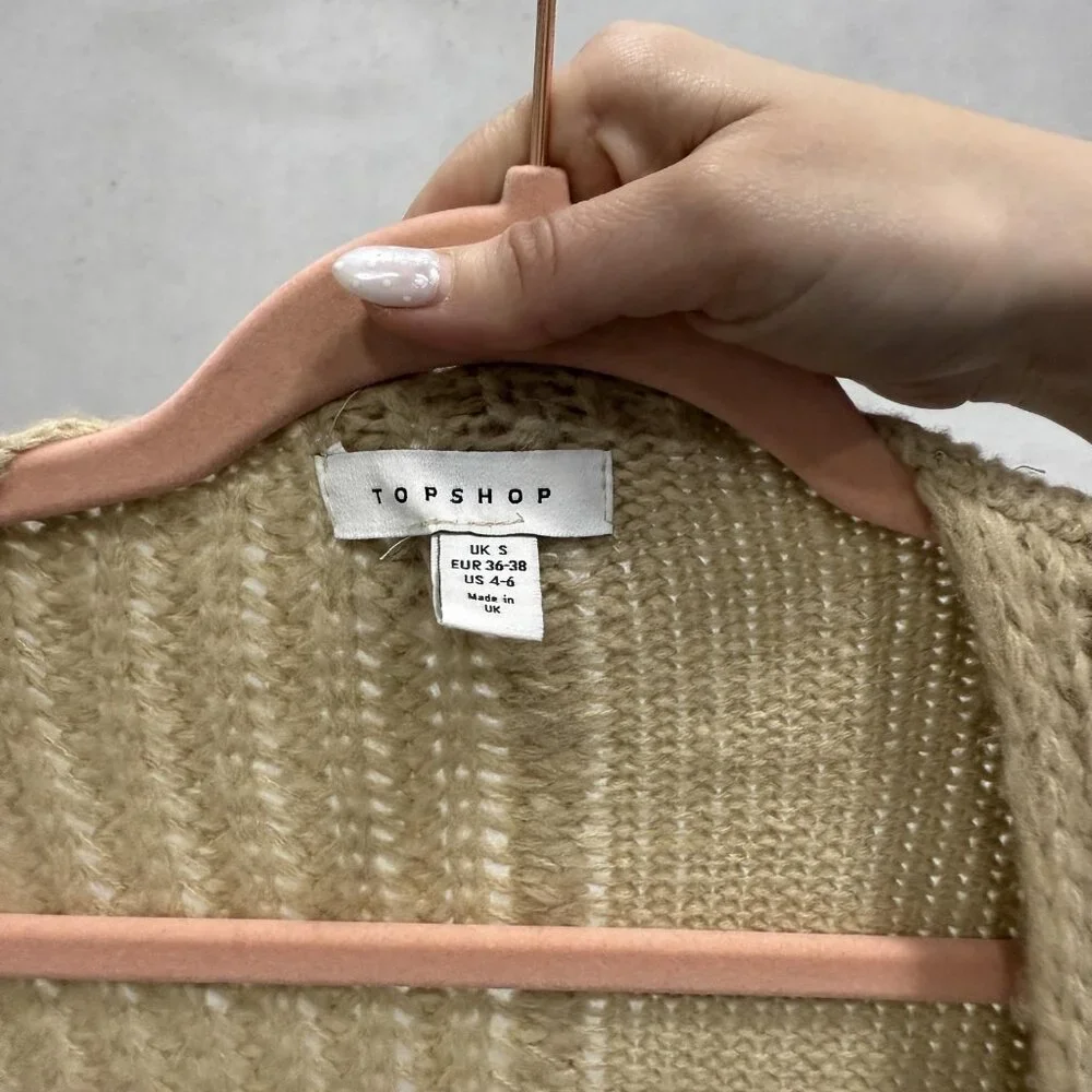 Topshop Cardigan Sweater Womens Small Beige Longline Duster Open Front Pockets
